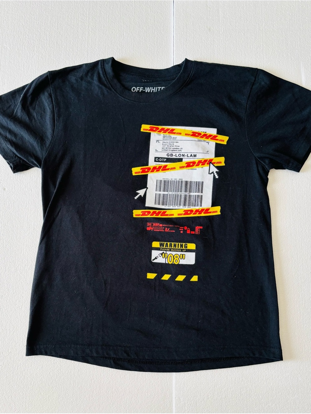 Off-White Black Tee with Yellow & Red DHL Graphic